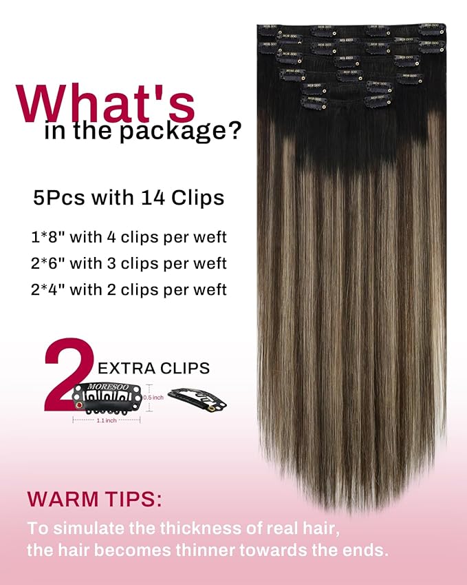 Moresoo Clip in Human Hair Extensions Balayage Straight Thick Double Weft Clip in Hair Extensions Ombre Off Black to Dark Brown Mixed Darkest Blonde 7pcs 120g 20inch