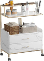 Salon Rolling Trolley with Lockable Wheels Barber Cart with Storage Drawer Mobile Hair Station Cabinet for Beauty Makeup Esthetician Spa Massage (White Marble-one Shelf-Two-Drawers)
