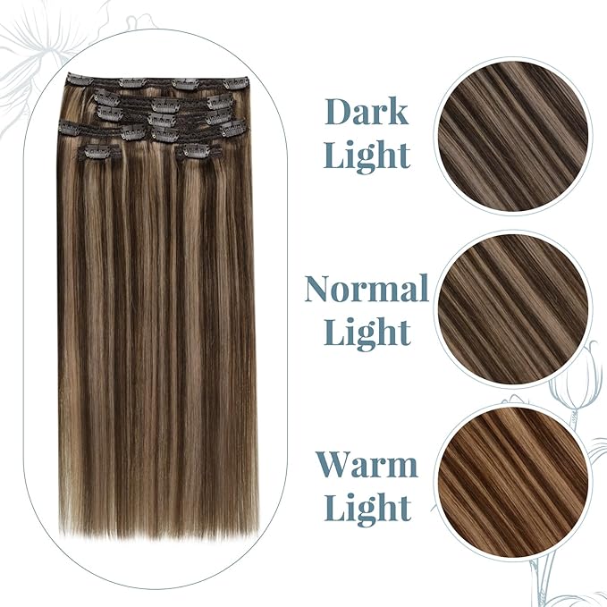 RUNATURE Clip in Hair Extensions 20 Inch 50g 3pcs Dark Brown Highlight Light Brown Human Hair Extensions Clip Ins Long Natural Remy Hair Extensions Thick Ends