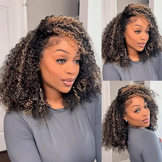 Kinky Curly Half Wig Human Hair Drawstring Balayage Highlight Ombre No Lace Glueless Wear Go Wig Drawstring Invisible Hairline Beginner Friendly For Women Flip Over Clip In 250% Density 18Inch