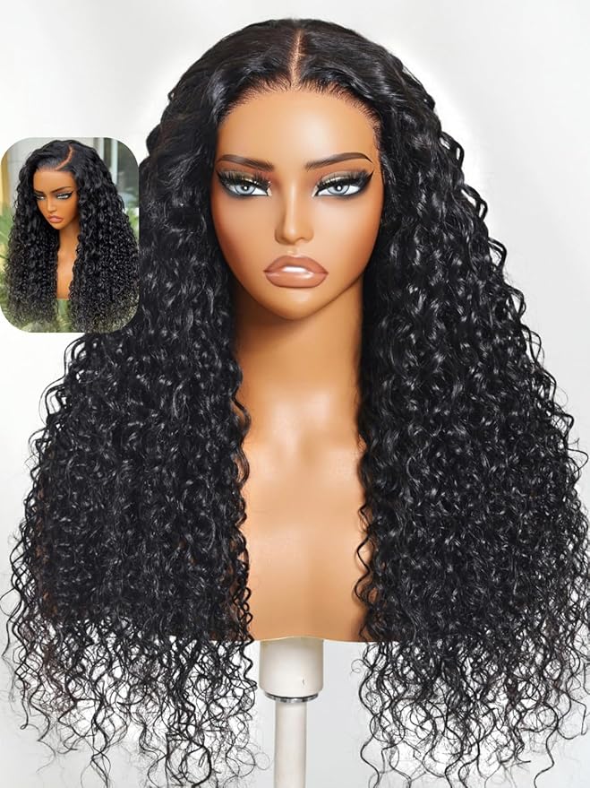 YIROO Bye Bye Knots Glueless Water Wave and Jerry Curly Drawstring Wig Human Hair, 7x5 Pre Cut Lace Front Glueless Wigs Pre Bleached Pre Plucked Wear and Go Wig for Women 150% Density 22Inch