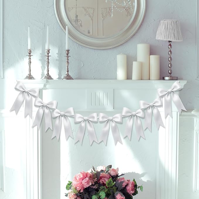 2 Strings of 16PCS White Bow Garlands Banner Decoration, Pre-Strung Satin - Image 7
