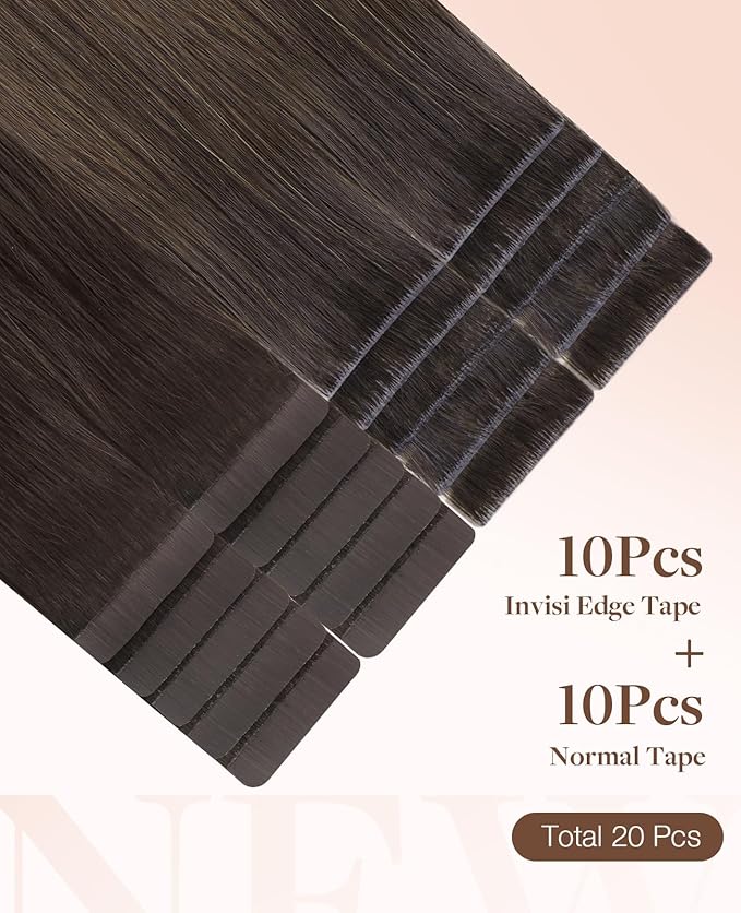 GOO GOO Invisi Edge Tape in Hair Extensions Human Hair, 1D/2C/4E Chocolate Dip Color Melt 10pcs injected with 10pcs classical tape ins, 10inch 30g, Virgin Remy Hair, Natural Look