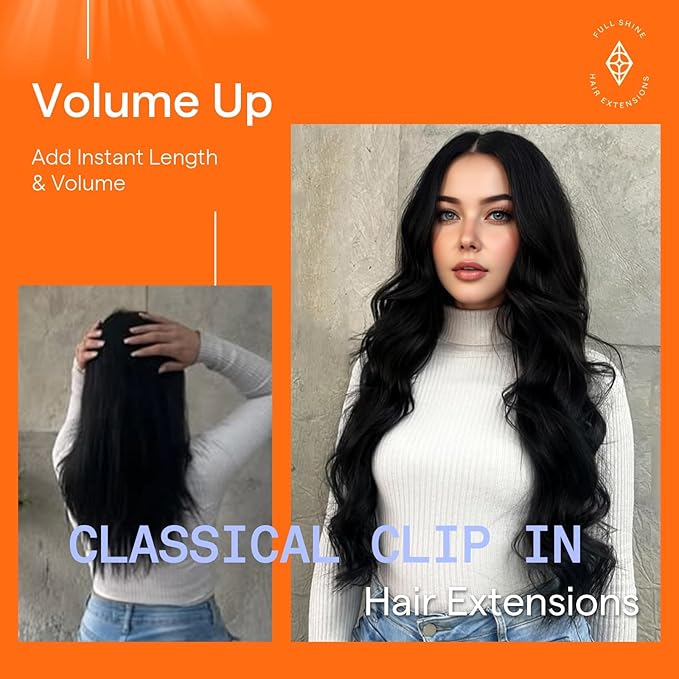 Full Shine Hair Extensions Clip in Human Hair Black 22 Inch Real Human Hair Extensions Clip ins Triple Weft Clip in Human Hair Extensions Straight Thick End 7 Pcs