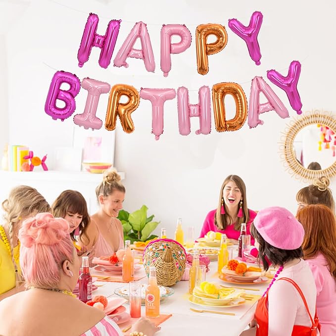 TONIFUL Pink Orange Happy Birthday Balloons Banner Decor - Image 3