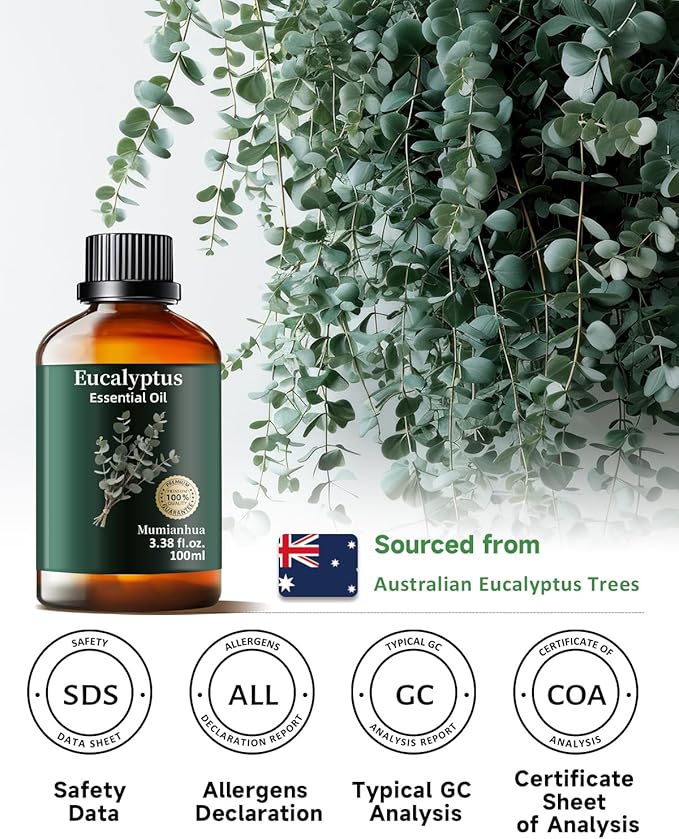 Pure Eucalyptus Essential Oil for Outdoor Shield, Patio & Garden Protection, Mumianhua Natural Spray Blends for Diffuser, Outdoor Freshness, Unwanted Distractions, Skin, Hair 3.38 Fl Oz