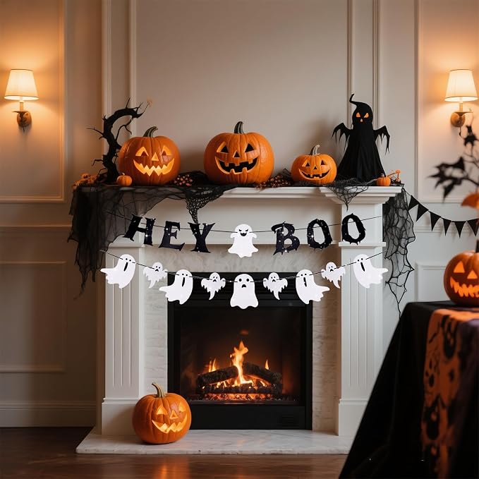 Ghost Banner Hey Boo Halloween Decorations, Pre-Strung Glitter Halloween Banner - Image 4