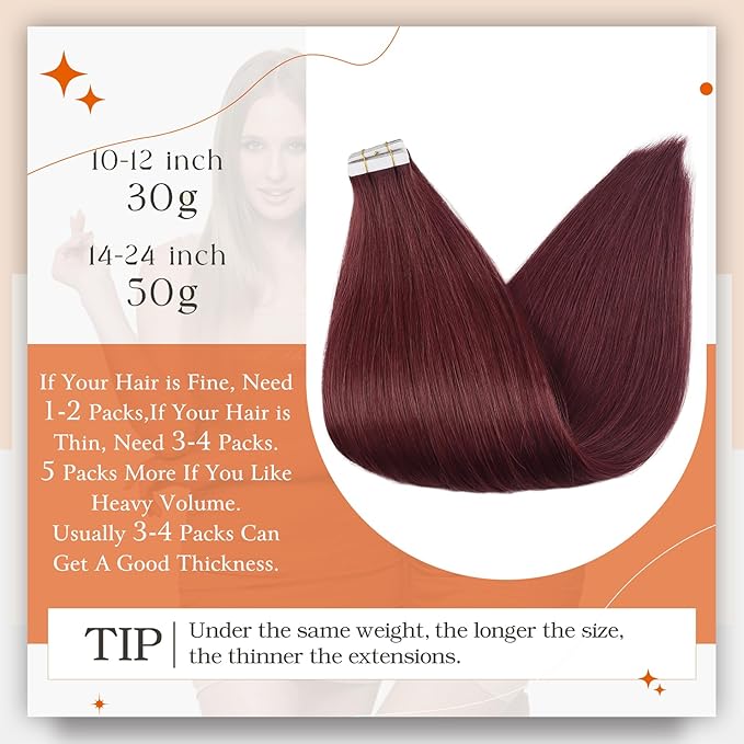 Full Shine Human Hair Extensions Tape in Color 99J Wine Red Seamless Tape in Hair Extensions Double Sided 18Inch Natural Straight Remy Skin Weft 100Gram 40Pcs Add Length for Party