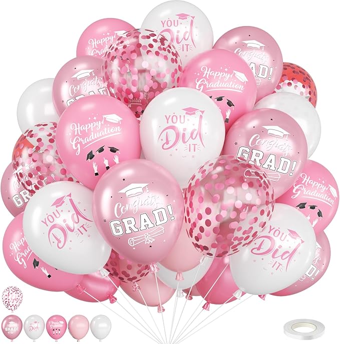 Pink Graduation Balloons, 12 Inch Pink and Rose Gold Printed 2026, You DID IT by FEYG