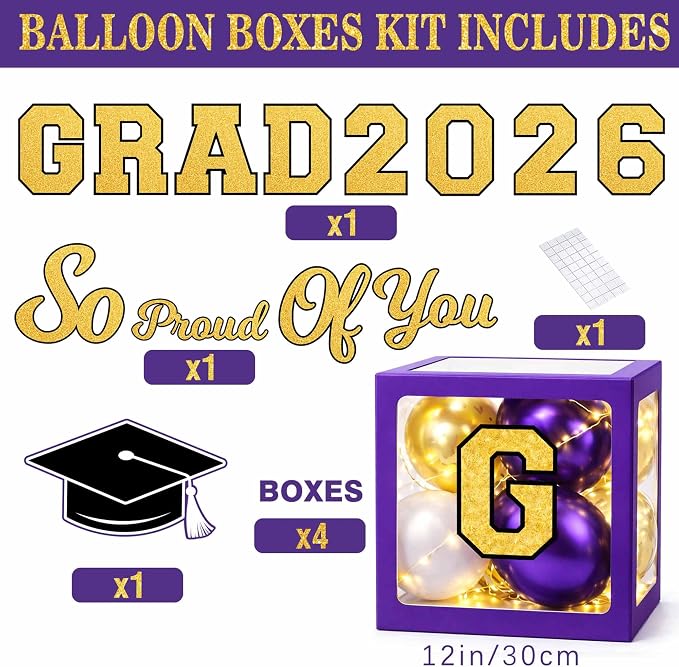 Graduation Decorations Class of 2026 Purple and Gold Balloon Boxes and Arch - Image 2
