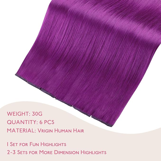 WENNALIFE Purple Clip in Hair Extensions Real Human Hair 35g 6pcs 24 Inch Colored Hair Extensions for Kids Women Colorful Hair Pieces Pop-up Style Straight Extensiones De Cabello Humano Con Clip