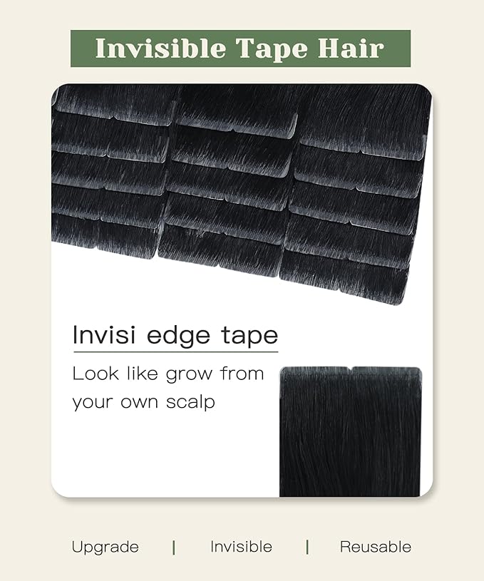 SURNEL Injection Tape in Hair Extensions 20 Inch Natural Real Human Hair Extension 20 Pcs 45g Jet Black Upgraded Seamless Remy Invisible Tape in Extensions(#1,20)