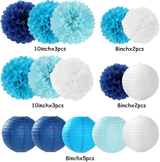 Blue-White Birthday Party-Decorations Paper-Flowers Lanterns - Image 6