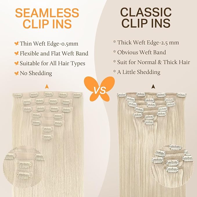 DOORES Clip in Hair Extensions Human Hair, Platinum Blonde 130g 7pcs 18 Inch, Virgin Human Hair Clip in Extensions Silky Straight Weft