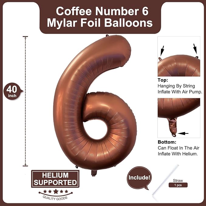 40 Inch Coffee Brown Number 6 Balloon Large Size Jumbo Digit Mylar Foil Retro - Image 2