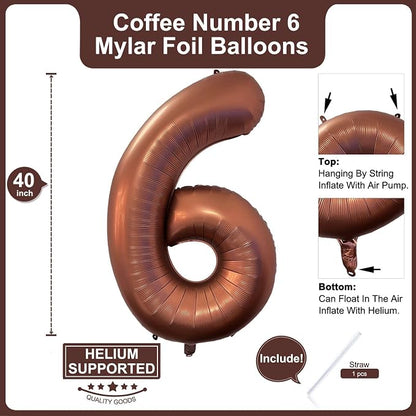 40 Inch Coffee Brown Number 6 Balloon Large Size Jumbo Digit Mylar Foil Retro - Image 2