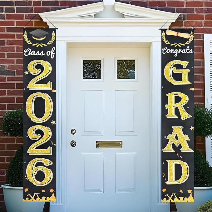 Black Gold Graduation Decorations Class of 2026 Congrats Grad Banner Grad Porch - Image 2