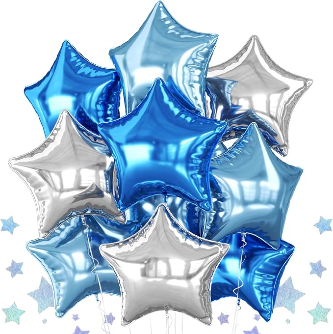 Blue Silver Star Foil Balloons, 18 Inch Metallic Stars Balloon by BIAPIAN