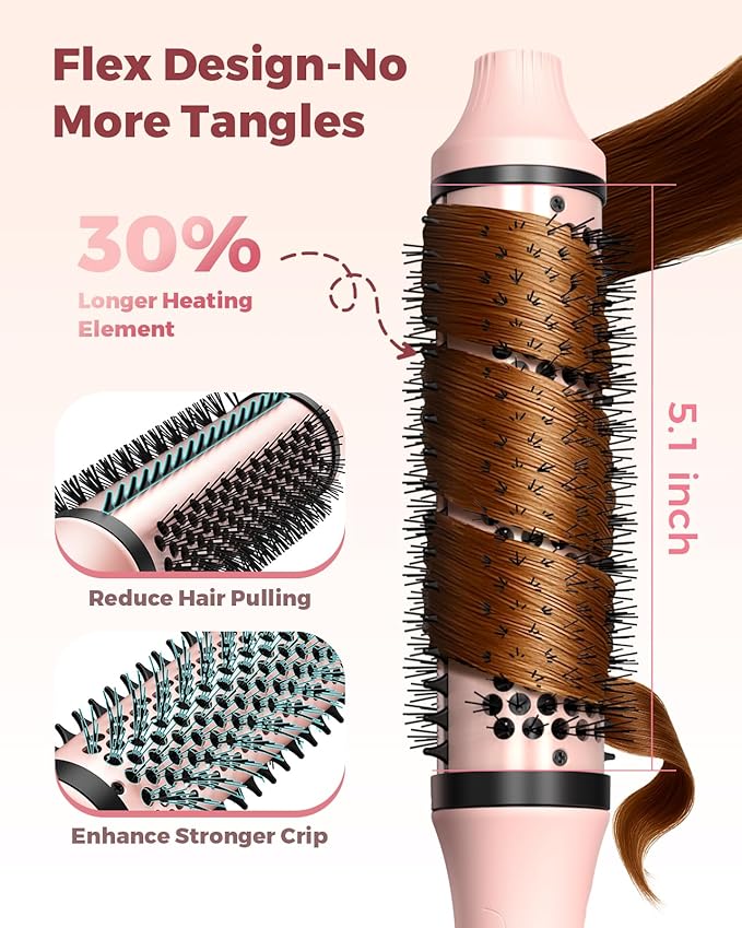 Dual Voltage Thermal Brush, 1.5 Inch Heated Round Brush for Blowout Look, Heated Curling Styler with Negative Ions & Ceramic for Volumizing, 6 Temps & Auto Shut-Off, No Damage, Pink