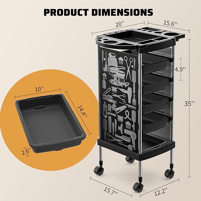Salon Rolling Trolley with 4 Drawers/Stainless Steel Frame Storage Tool Holder for Barbershop Beauty Spa and Hair Salon Beauty Black