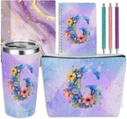 Personalized Gifts Monogrammed Birthday Gifts for Women, Her Employee Housewarming Christmas Initial 20 oz Tumbler, Makeup Bag Cup Ballpoint Pens Journal Notebook 6 Set, (Aesthetic Purple Flower G)