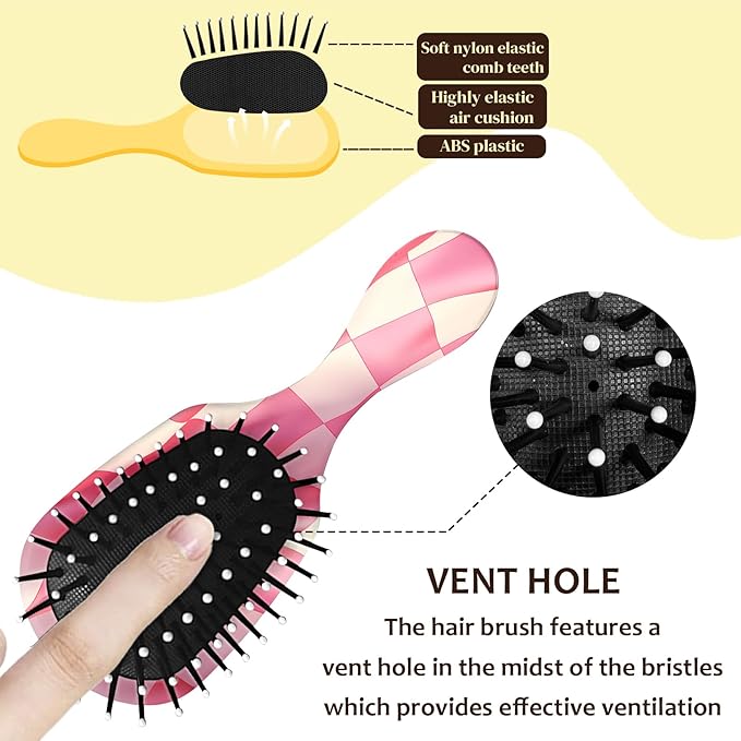 Mini Hair Brush,Cute Detangling Travel Hair Brush,Soft Bristles for Effortless Tangle Removal,Detangler Hairbrush for Women Men Boys Girls Kids Wet Dry All Hair Types (Pink Grid, Mini)