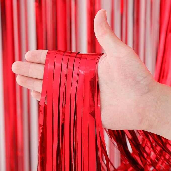 Voircoloria Red Foil Fringe Backdrop Curtains, 3 Pack | Tinsel Streamers - Image 2