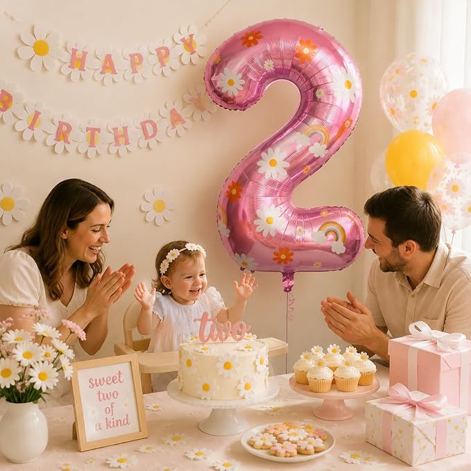 1st Birthday Daisy Balloon, 40 Inch Pink Number 1 Boho Party Decor | Daisy - Image 6