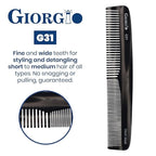 Giorgio G31 Fine Tooth and Wide Tooth, Hair Comb - Hair Styling Comb for Men, and for Women, Mens Beard Care Combs for Detangling and Styling - Handmade Saw-Cut and Hand Polished (Black Graphite)