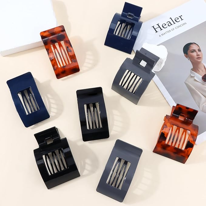 Velscrun Flat Hair Clips for Women Girls, 2 Styles 8 Pcs Lay Flat Claw Clips, Strong Hold French Duck Billed Large Side Hair Jaw Clip for All Hair Types, Non Slip Grip for Daily Styling Navy Blue