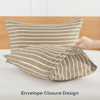 JELLYMONI 100% Natural Cotton Striped Queen Pillowcases Set, 2 Pack Khaki and White Stripes Pattern Printed Pillow Covers with Envelope Closure(Pillows are not Included)
