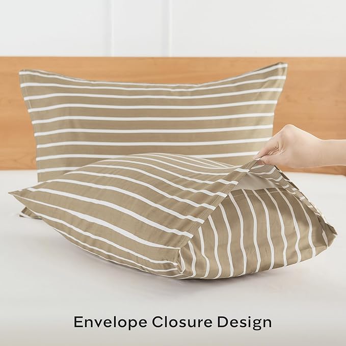 JELLYMONI 100% Natural Cotton Striped Queen Pillowcases Set, 2 Pack Khaki and White Stripes Pattern Printed Pillow Covers with Envelope Closure(Pillows are not Included)