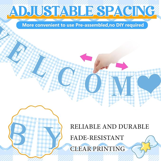 Hahafelt 1 Pcs Blue Gingham Welcome Baby Boy Banner - Image 2