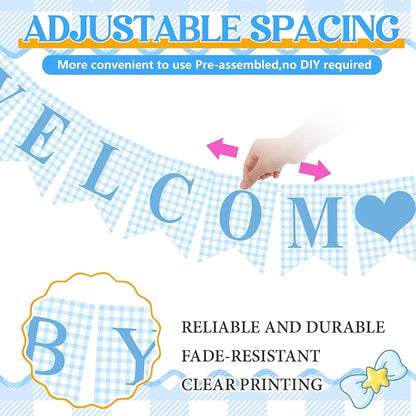 Hahafelt 1 Pcs Blue Gingham Welcome Baby Boy Banner - Image 2