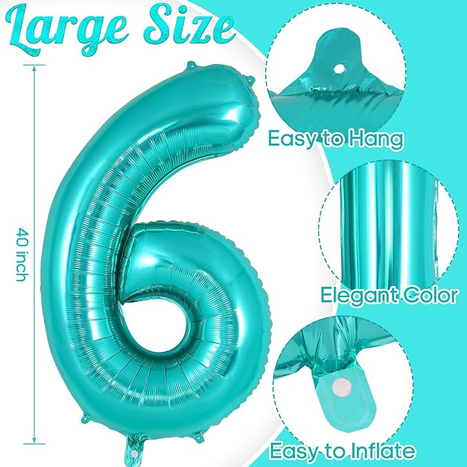 Teal Blue Number 6 Balloon, 40 Inch Big Large Foil Helium Number Balloons - Image 3