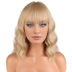 BERON 14 Inches Blonde Wig Short Curly Wigs for Women Ash Blonde Synthetic Wigs with Bangs Wig Cap Include