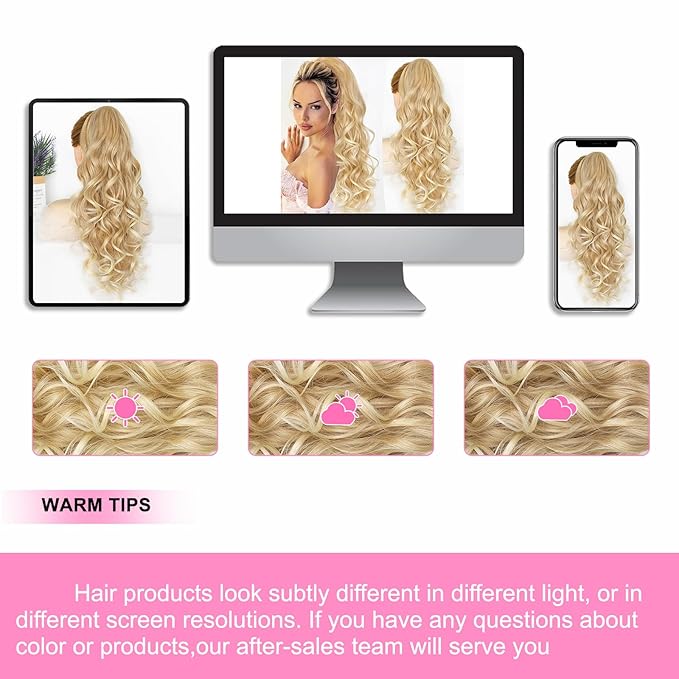 ALXNAN Ponytail Extension,24 Inch Claw Clip in Long Curly Mixed Blonde Ponytail Hair Extension Jaw Clip on Pony Tails Hairpiece for Women