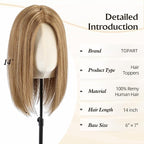Large MONO Top Hair Toppers for Women Remy Human Hair 14 Inch 6"x7" Big Base Partial wig Cover Thinning Hair or Loss No Bangs Natural Wiglets(Light Brown Highlights)