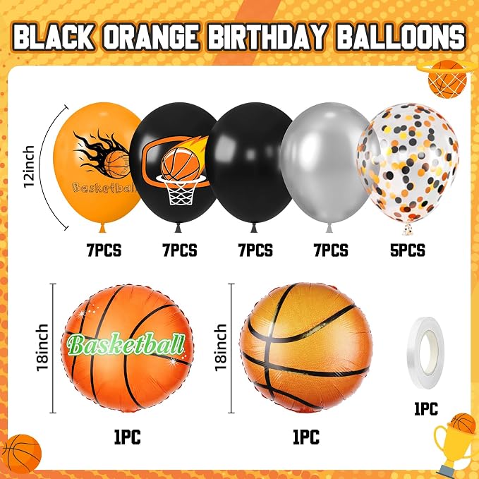 Basketball Balloons Orange Black, 18 Inch Basketball Foil Balloons, 12 Inch - Image 2