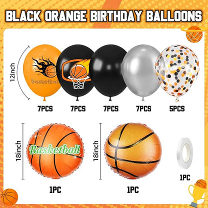 Basketball Balloons Orange Black, 18 Inch Basketball Foil Balloons, 12 Inch - Image 2