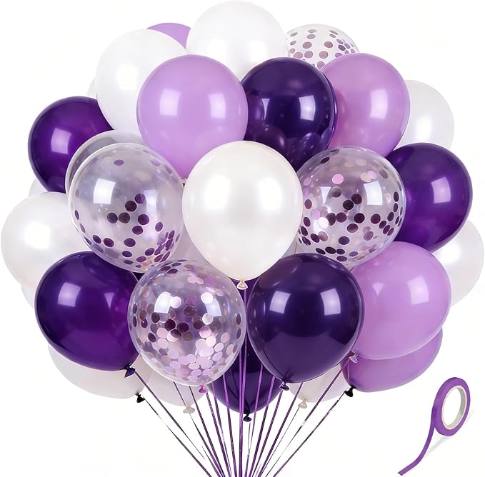 Purple White Balloons 60Pcs 12 Inch Confetti Latex Balloon Kit by Kelfuoya