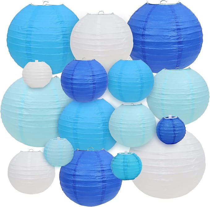 LURICO 16 Pcs Blue/White Paper Lanterns by LURICO