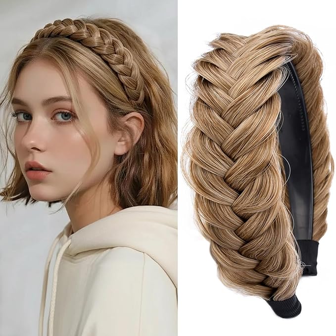 DIGUAN Wide Messy Braided Headband With Teeth Synthetic Hair Plaited Headband High Elasticity Braids Chunky Fishtail Braided Hair Band Hairpiece for Girls Women Beauty Accessory (Dirty Blonde)