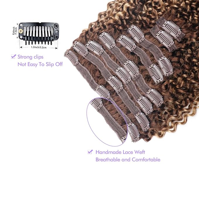 Curly Clip In Hair Extensions Real Human Hair Clip Ins Balayage Chocolate Brown to Caramel Blonde Human Hair Extensions 8Pcs with18clips 120g/Set (20 inch，#4/27/4)