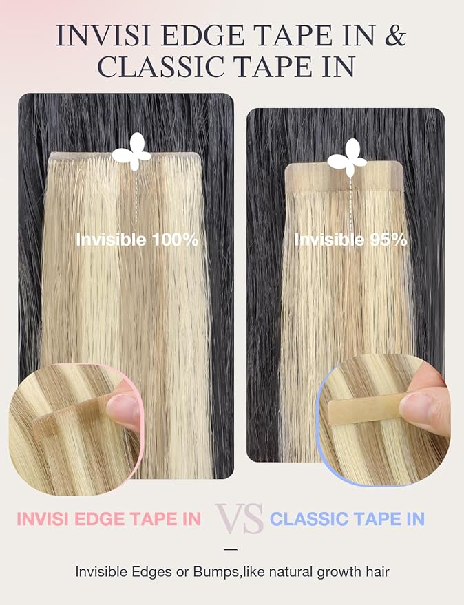 DOORES Invisi Edge Hair Extensions Tape in, Light Blonde Highlighted Golden Blonde 10 Injection Tape-ins with 10 Classic Tape-ins 50g 16 Inch, Virgin Hair Injection Tape in Extensions
