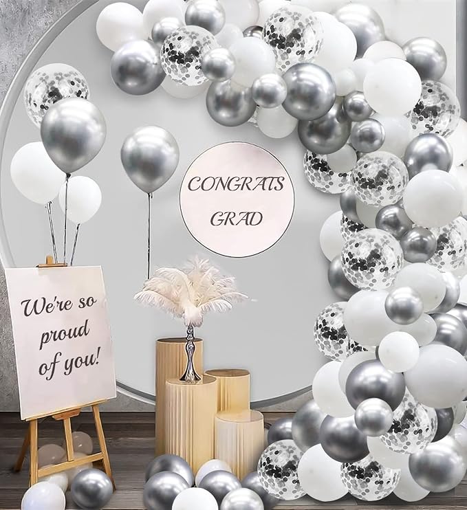 White and Silver Balloons Garland Arch Kit 5"10 Inch 12" White Silver Metallic - Image 3