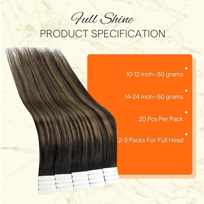 Full Shine Hair Extensions Tape in 12 Inch Color 1B Off Black Ombre 6 Brown Highlight 1B Black Balayage Natural Invisible Double Sided Remy Tape in Extensions Human Hair 30 Grams 20 PCS for Women