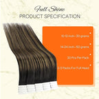 Full Shine Tape Ins Human Hair Extensions 20 Inch Color 1B Off Black Ombre 6 Brown Highlight 1B Black Straight Seamless Tape in Hair Extensions 20 PCS 50 Grams for Women