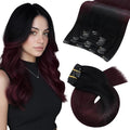 Moresoo Human Hair Clip Extensions Balayage Black to Burgundy Real Hair Ombre Black to Wine Red Double Weft Clip in Human Hair Extensions 7Pcs/120G 24inch