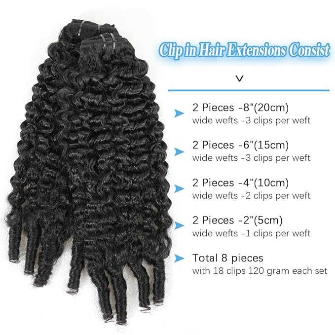 Burmese Curly Clip in Hair Extensions Real Human Hair, 8Pcs Remy Human Hair Clip in Extensions for Women, Natural Soft Human Hair, 120g 20inch #1B Natural Black